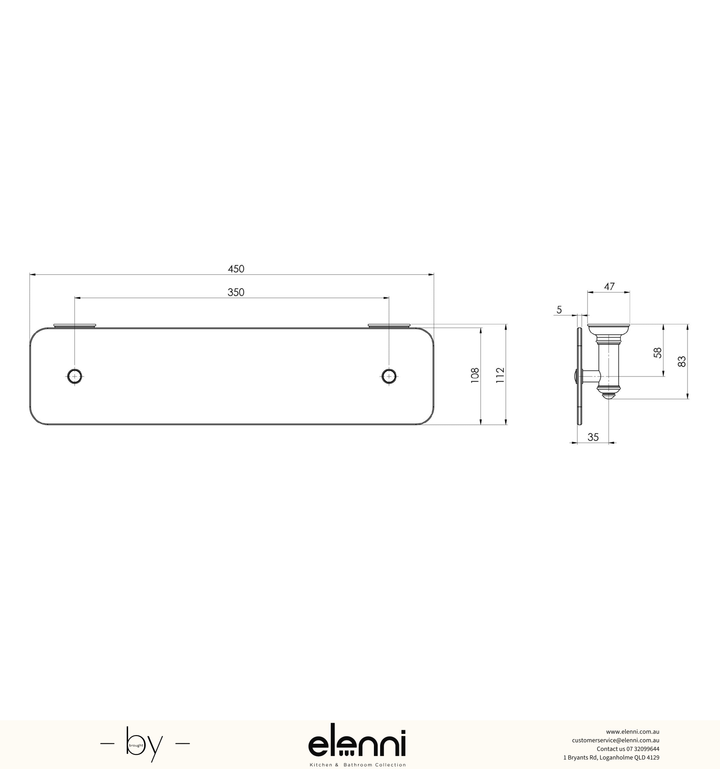 Cromford Glass Shelf 450mm - Elenni specification drawing