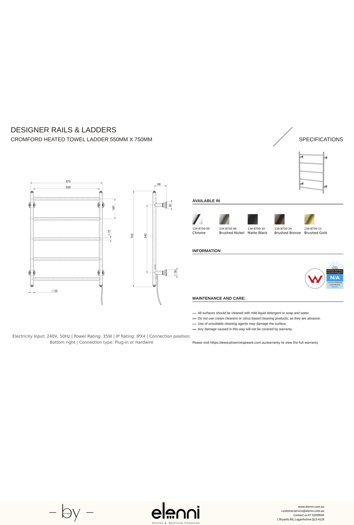 Cromford Heated Towel Ladder 550mm x 750mm - Elenni specification drawing