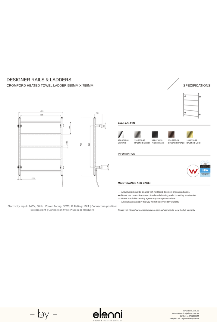 Cromford Heated Towel Ladder 550mm x 750mm - Elenni specification drawing
