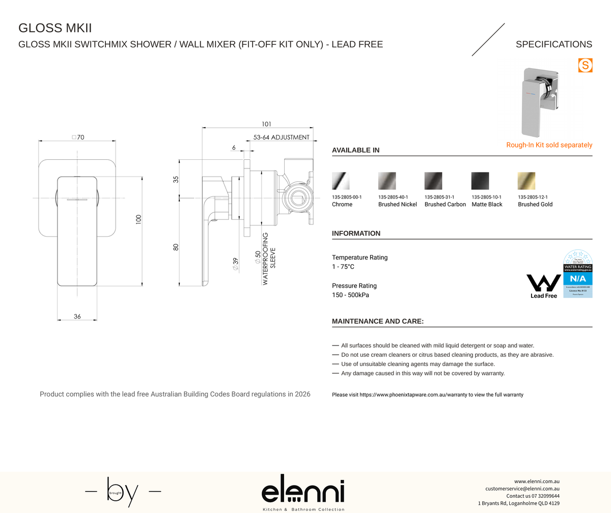 Gloss MKII SwitchMix Shower / Wall Mixer (Fit-Off Kit Only) - Lead Free - Elenni specification drawing