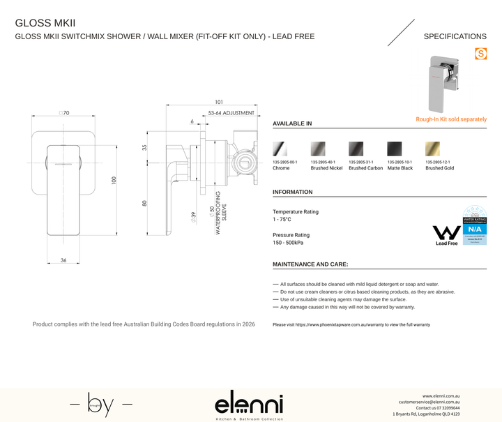 Gloss MKII SwitchMix Shower / Wall Mixer (Fit-Off Kit Only) - Lead Free - Elenni specification drawing