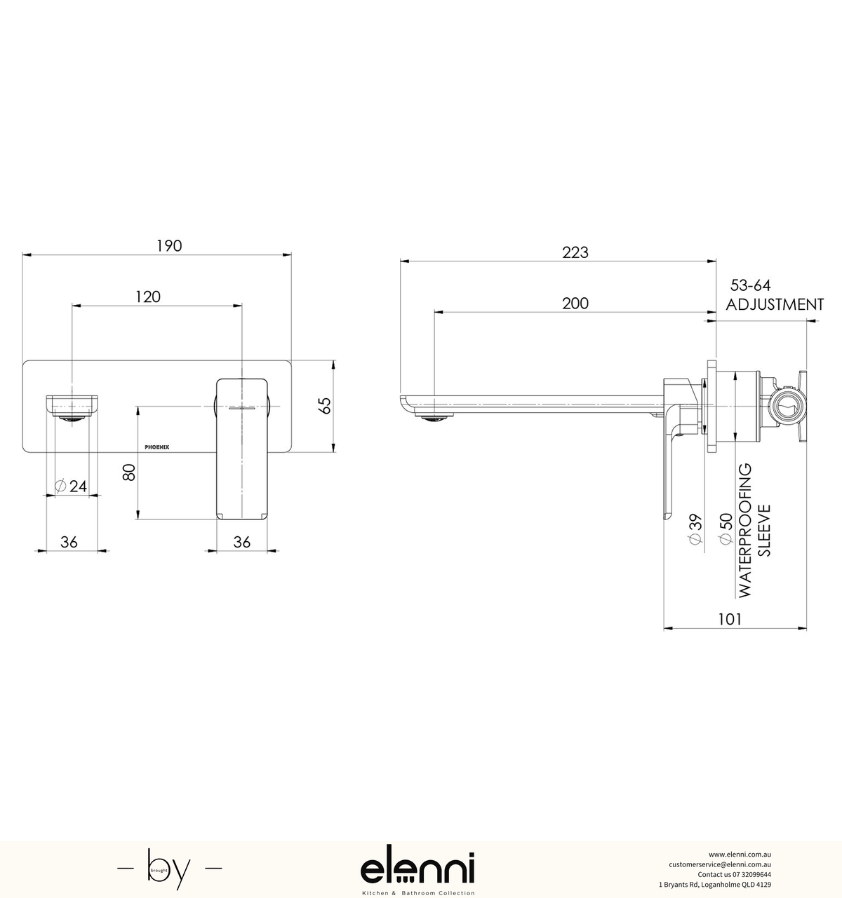 Gloss MKII SwitchMix Wall Basin / Bath Mixer Set (Fit-Off Kit Only) - Lead Free - Elenni specification drawing