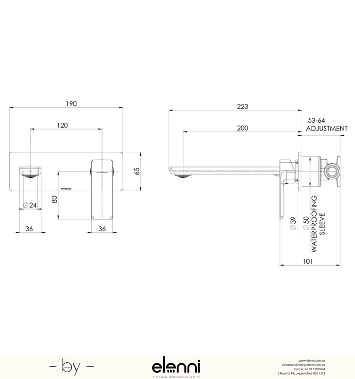 Gloss MKII SwitchMix Wall Basin / Bath Mixer Set (Fit-Off Kit Only) - Lead Free - Elenni specification drawing