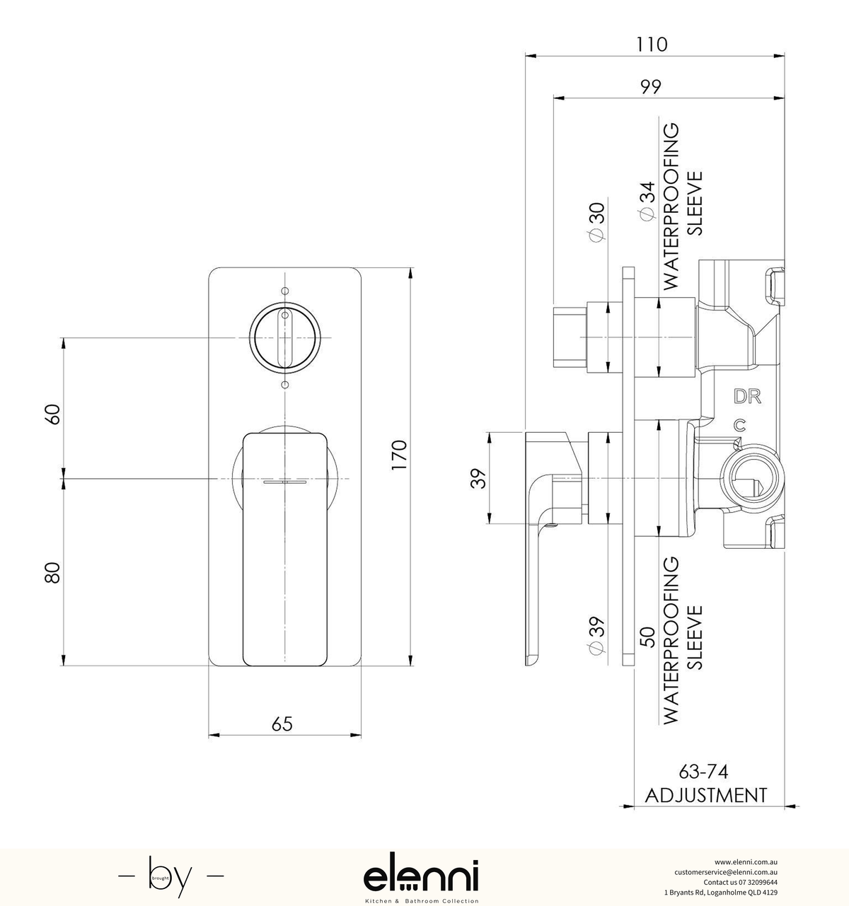 Elenni specification drawing - Gloss MKII SwitchMix Shower / Bath Diverter Mixer (Fit-Off Kit Only)