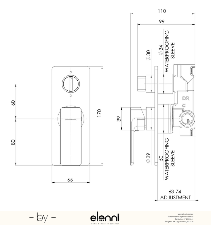 Elenni specification drawing - Gloss MKII SwitchMix Shower / Bath Diverter Mixer (Fit-Off Kit Only)