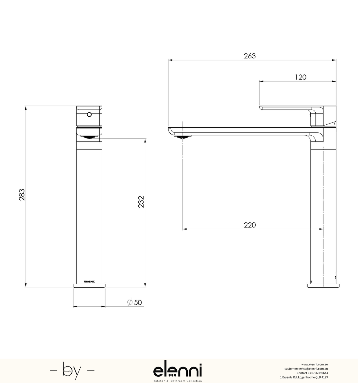 Gloss MKII Sink Mixer 220mm - Elenni specification drawing