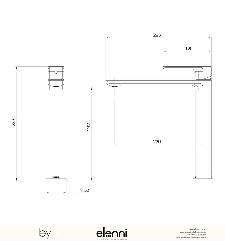 Gloss MKII Sink Mixer 220mm - Elenni specification drawing