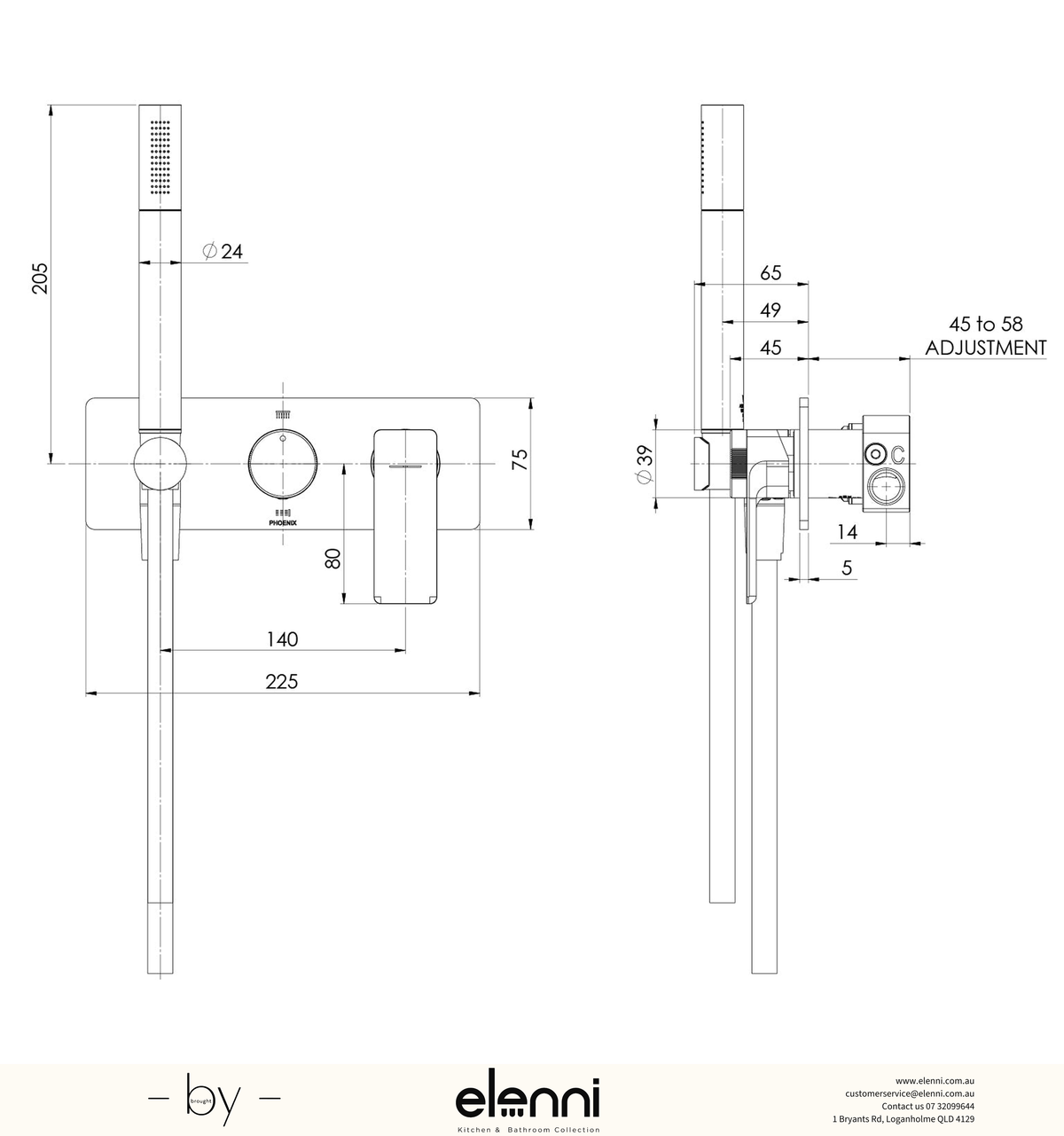 Gloss MKII Wall Shower System - Elenni specification drawing