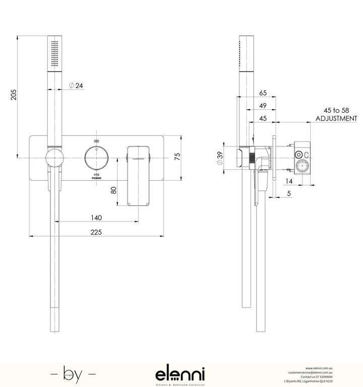 Gloss MKII Wall Shower System - Elenni specification drawing