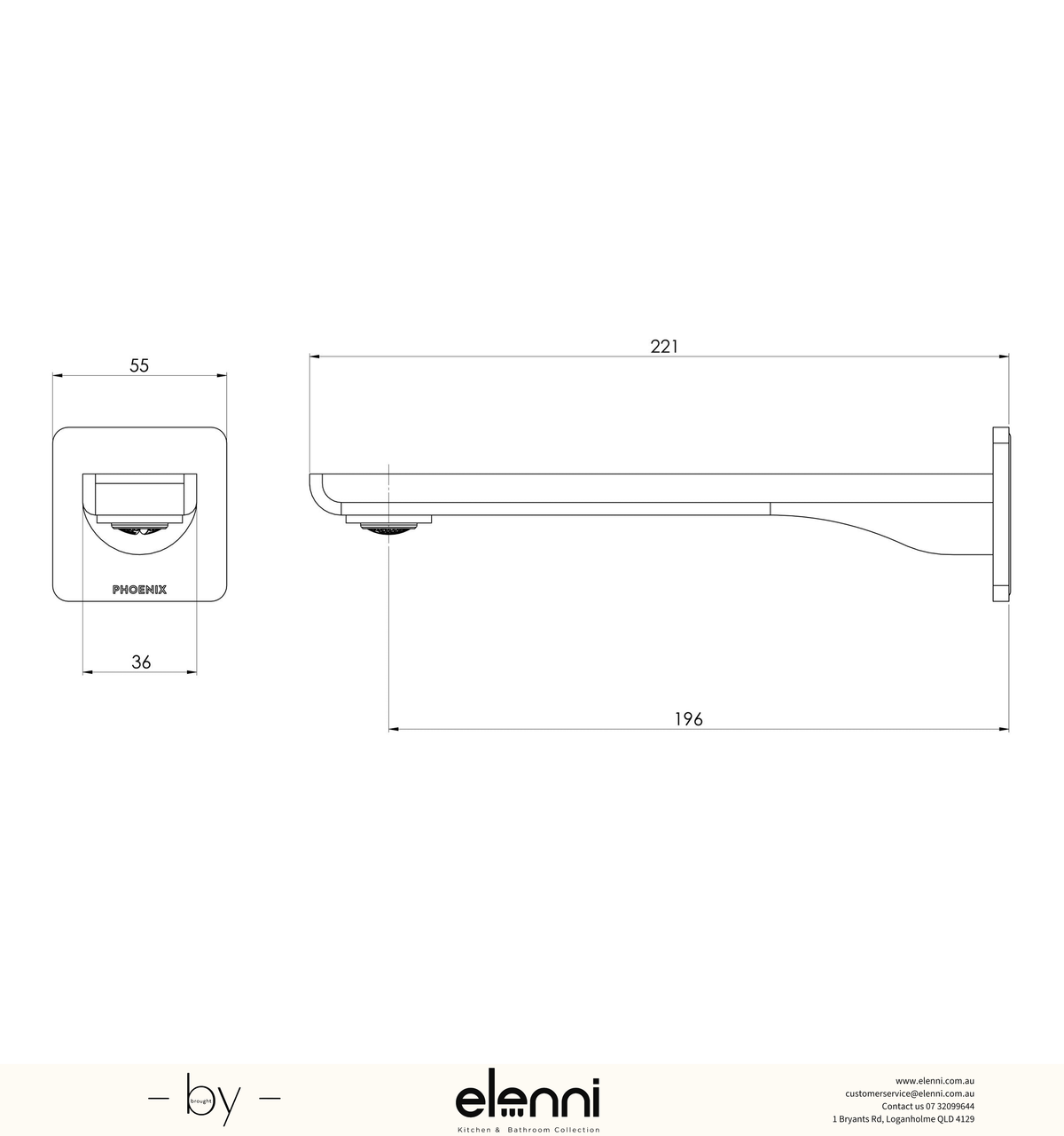 Gloss MKII Wall Basin / Bath Outlet 200mm - Elenni specification drawing