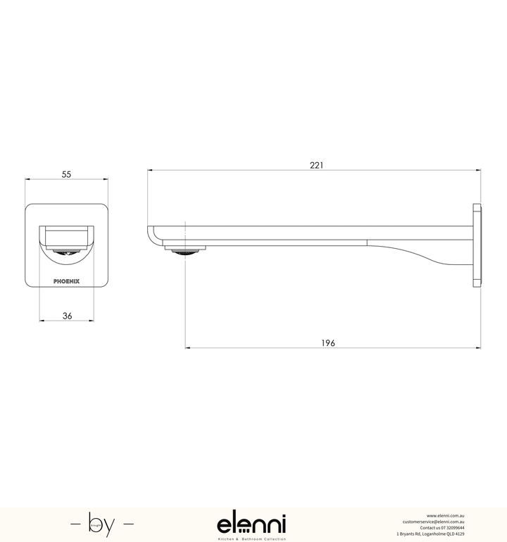 Gloss MKII Wall Basin / Bath Outlet 200mm - Elenni specification drawing