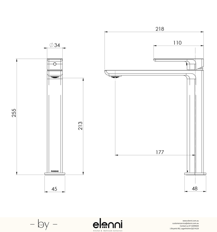Gloss MKII Vessel Mixer - Elenni specification drawing