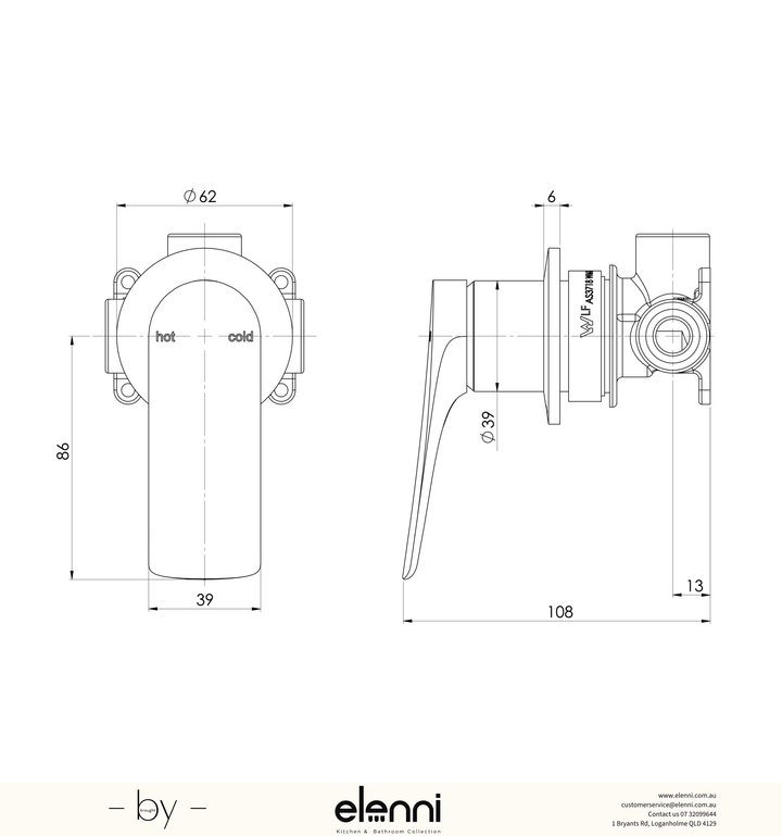 Kusabi SwitchMix Shower / Wall Mixer (Fit-Off Kit Only) - Lead Free - Elenni specification drawing