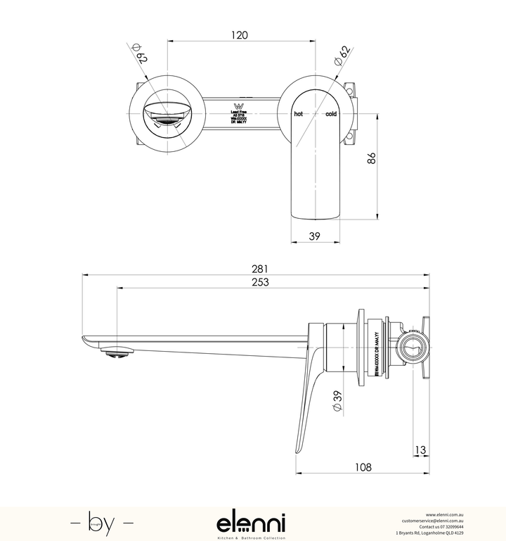Kusabi SwitchMix Wall Basin / Bath Mixer Set 200mm (Fit-Off Kit Only) - Lead Free - Elenni specification drawing