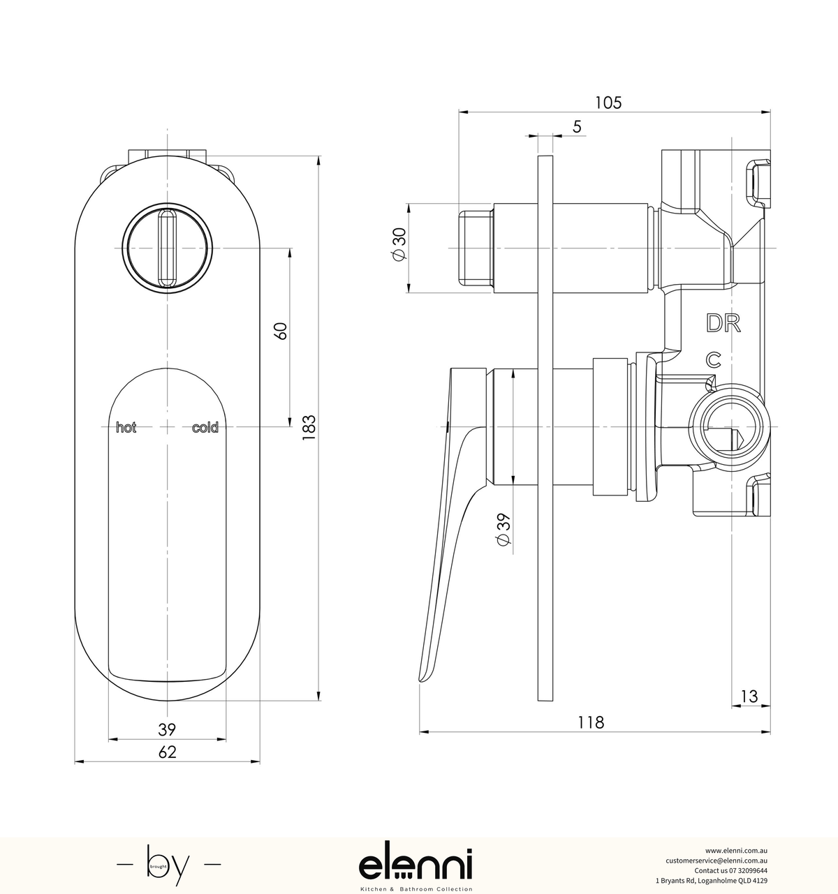 Kusabi SwitchMix Shower / Bath Diverter Mixer (Fit-Off Kit Only) - Lead Free - Elenni specification drawing
