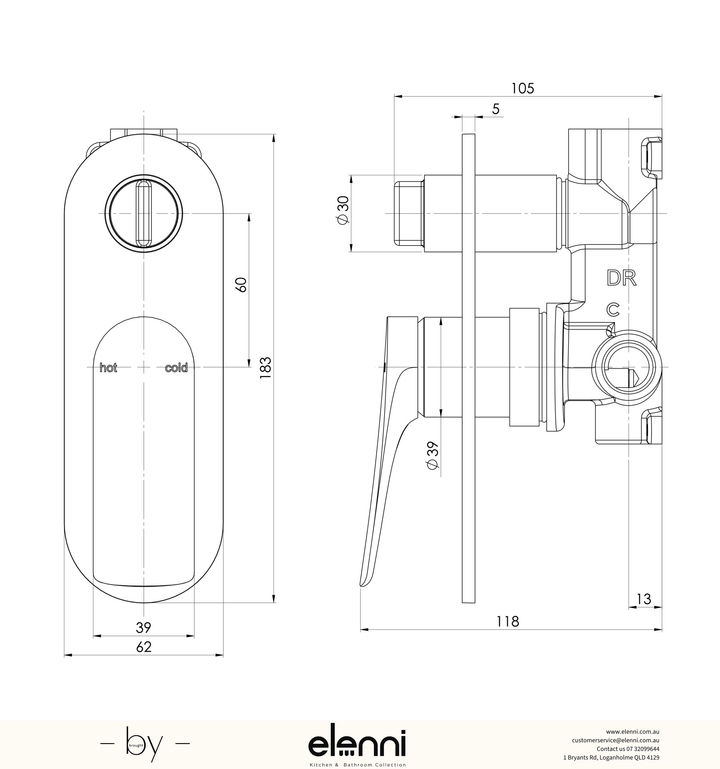 Kusabi SwitchMix Shower / Bath Diverter Mixer (Fit-Off Kit Only) - Lead Free - Elenni specification drawing