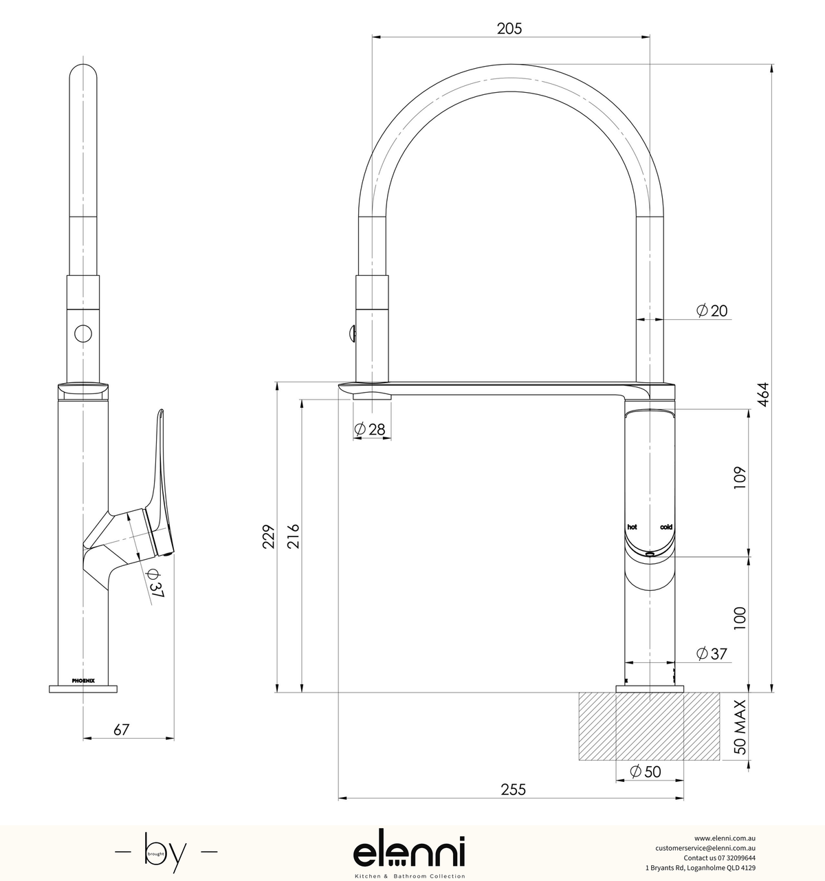 Kusabi Flexible Hose Sink Mixer 200mm - Lead Free - Elenni specification drawing
