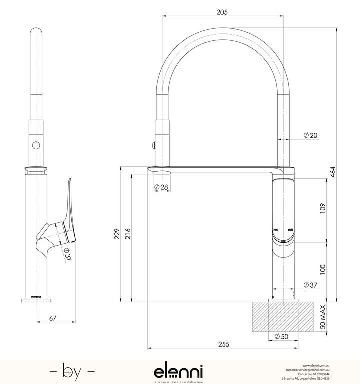 Kusabi Flexible Hose Sink Mixer 200mm - Lead Free - Elenni specification drawing