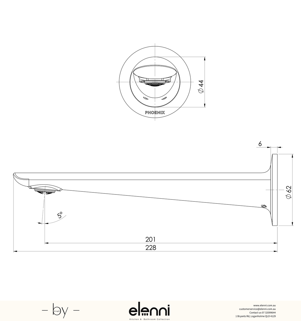 Kusabi Wall Basin / Bath Outlet 200mm - Lead Free - Elenni specification drawing