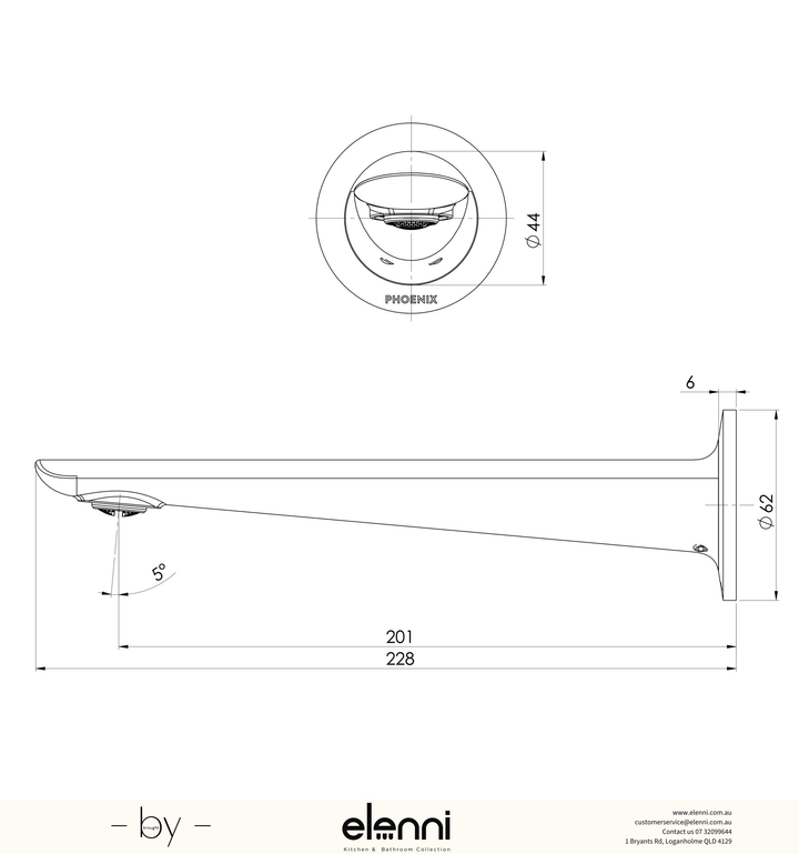 Kusabi Wall Basin / Bath Outlet 200mm - Lead Free - Elenni specification drawing