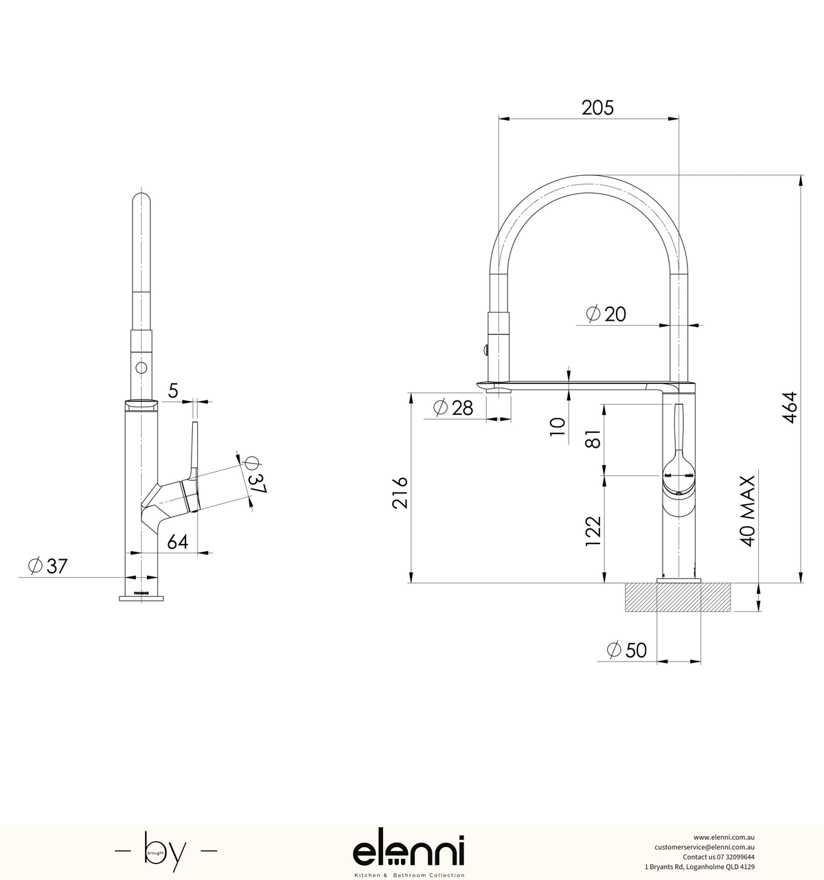 Vask Flexible Hose Sink Mixer 200mm - Elenni specification drawing