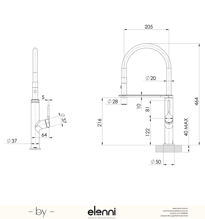 Vask Flexible Hose Sink Mixer 200mm - Elenni specification drawing