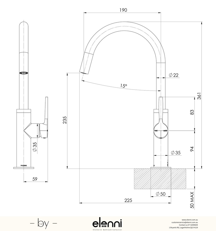 Vask Sink Mixer 190mm - Elenni specification drawing
