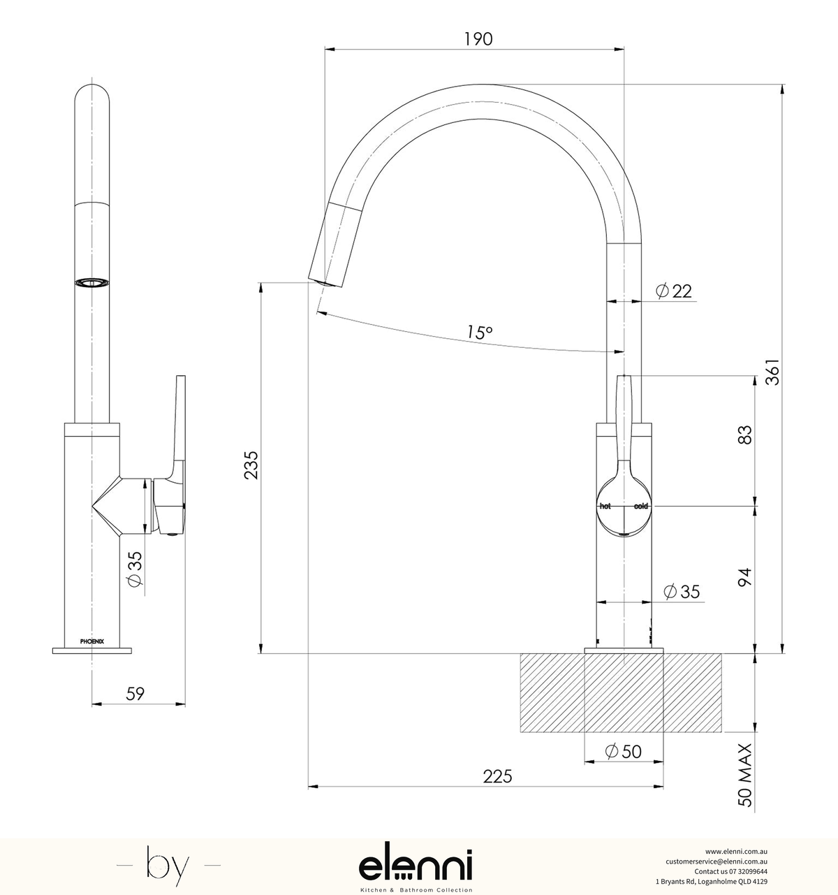 Vask Sink Mixer 190mm - Elenni specification drawing