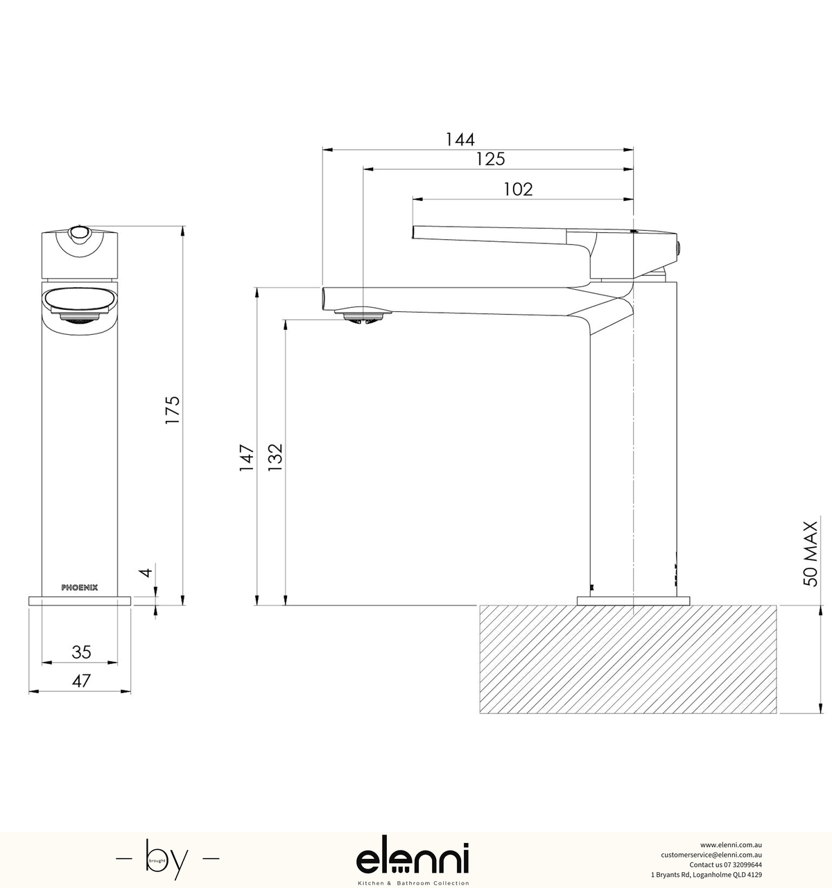 Vask Basin Mixer - Elenni specification drawing