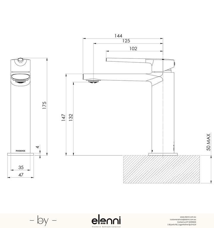 Vask Basin Mixer - Elenni specification drawing