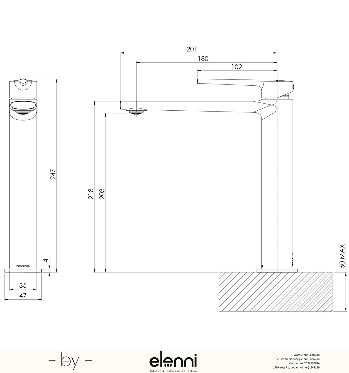 Vask Vessel Mixer - Elenni specification drawing