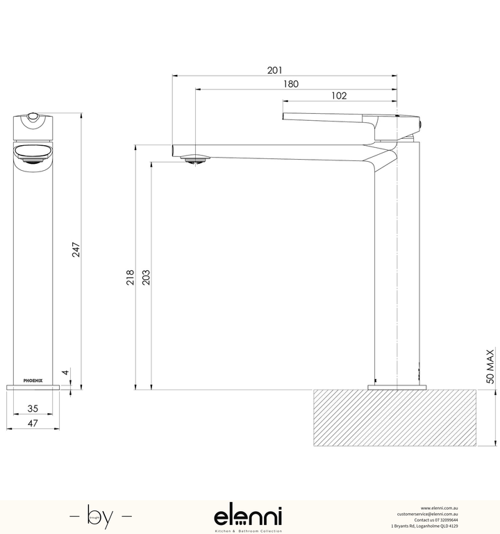 Vask Vessel Mixer - Elenni specification drawing