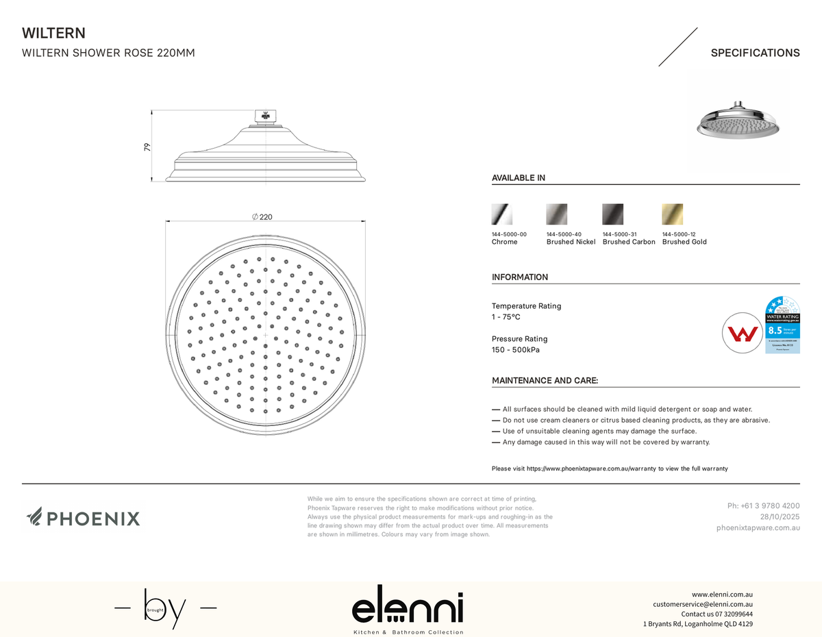Wiltern Shower Rose 220mm - Elenni specification drawing