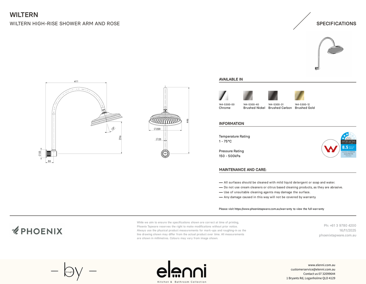 Wiltern High-Rise Shower Arm and Rose - Elenni specification drawing