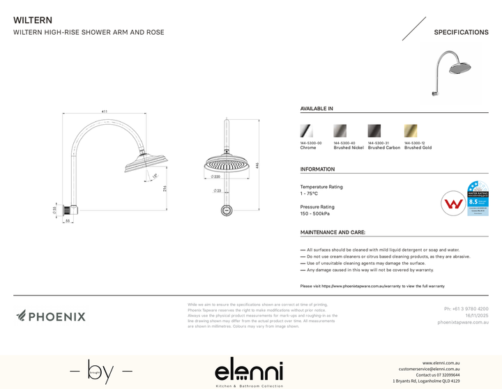 Wiltern High-Rise Shower Arm and Rose - Elenni specification drawing