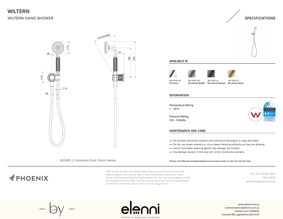 Wiltern Hand Shower - Elenni specification drawing