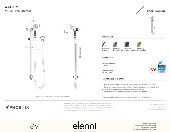 Wiltern Rail Shower - Elenni specification drawing