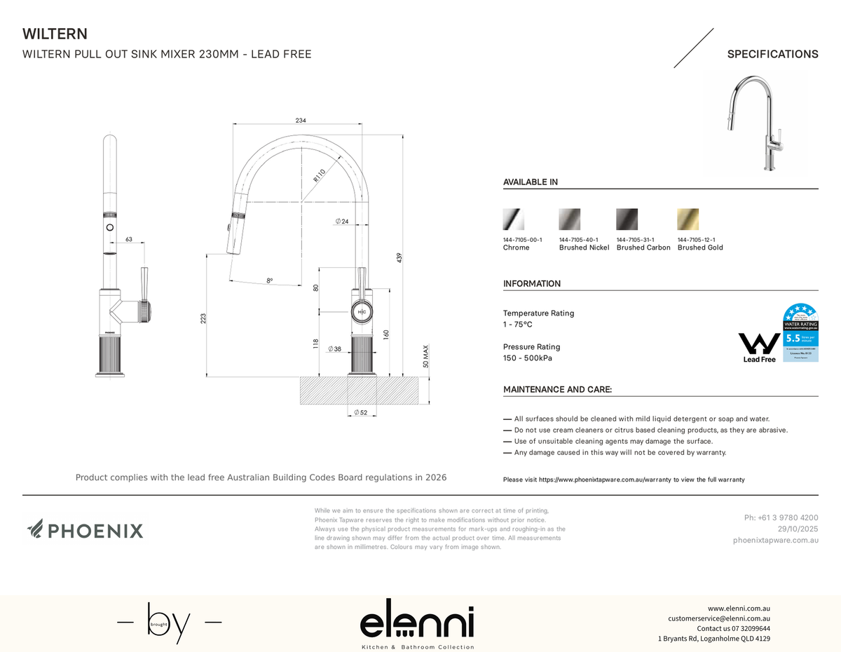 Wiltern Pull Out Sink Mixer 230mm - Elenni specification drawing