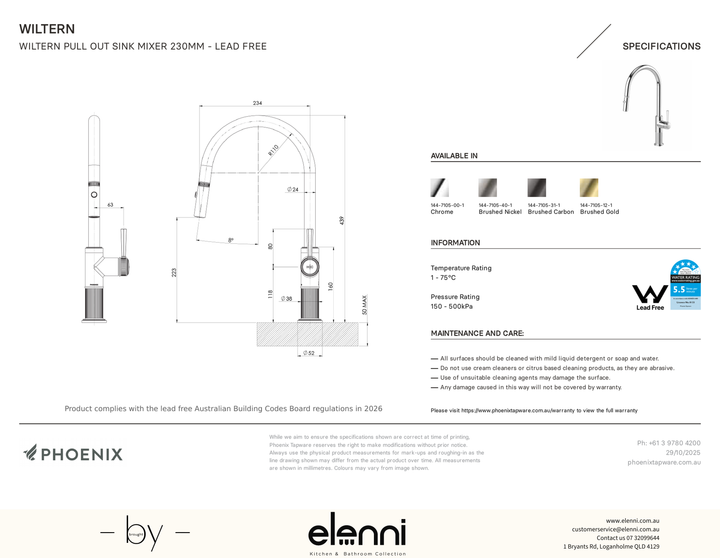 Wiltern Pull Out Sink Mixer 230mm - Elenni specification drawing