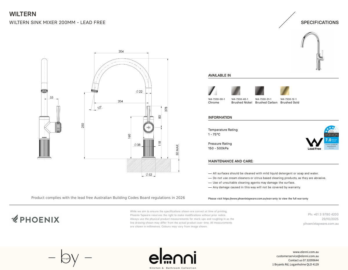 Wiltern Sink Mixer 200mm - Elenni specification drawing