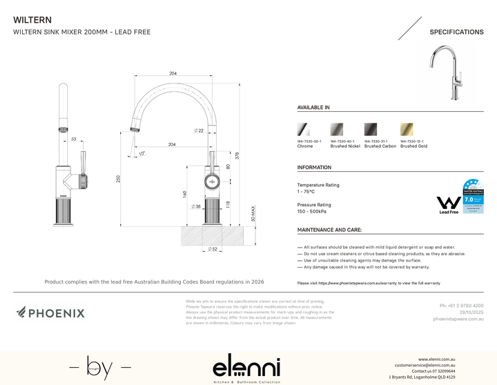 Wiltern Sink Mixer 200mm - Elenni specification drawing