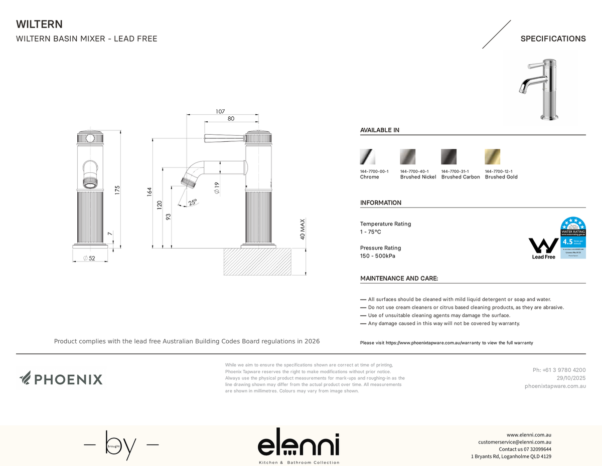 Wiltern Basin Mixer - Elenni specification drawing