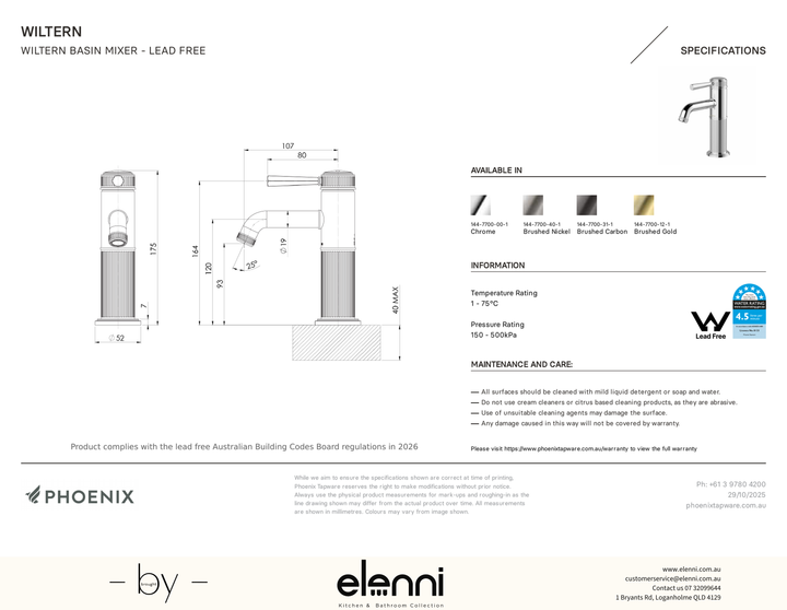 Wiltern Basin Mixer - Elenni specification drawing