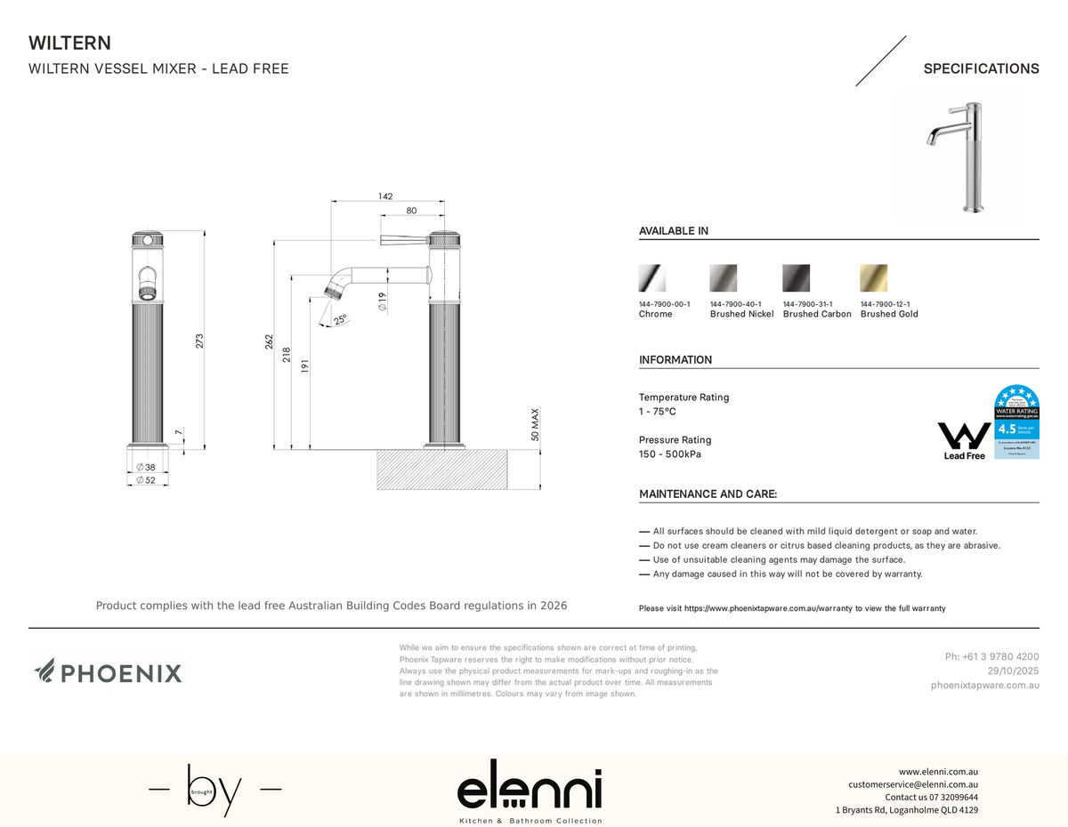 Wiltern Vessel Mixer - Elenni specification drawing
