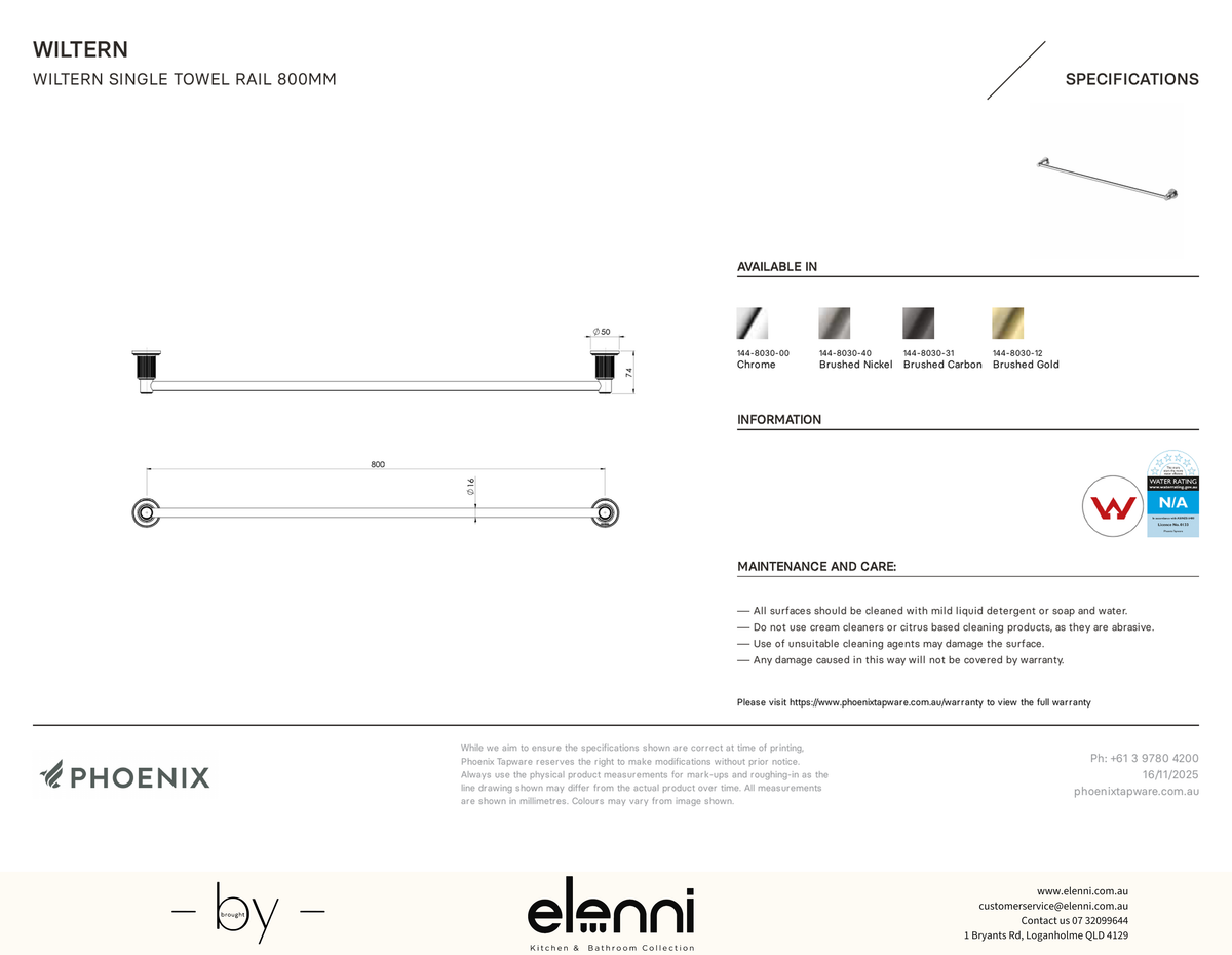 Wiltern Single Towel Rail 800mm - Elenni specification drawing