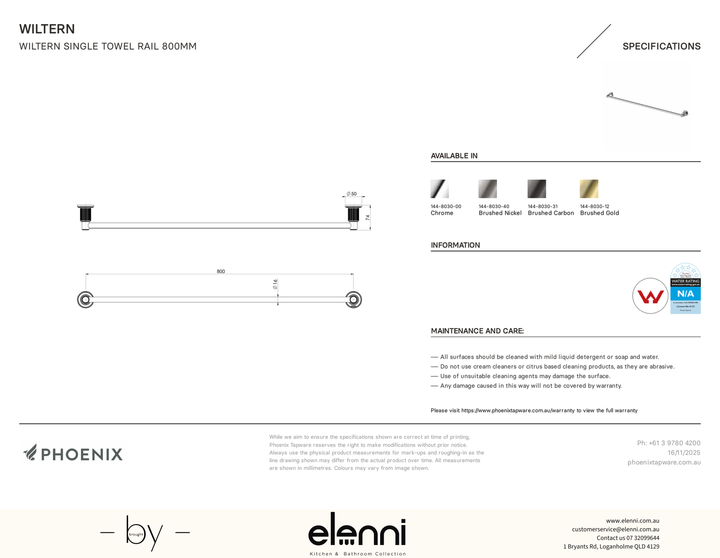 Wiltern Single Towel Rail 800mm - Elenni specification drawing