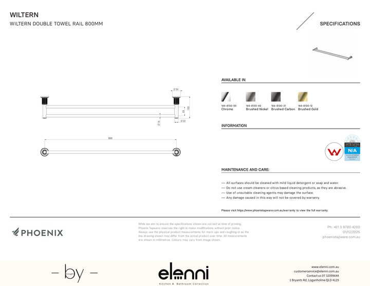 Wiltern Double Towel Rail 800mm - Elenni specification drawing