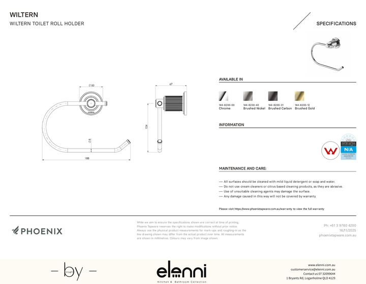 Wiltern Toilet Roll Holder - Elenni specification drawing