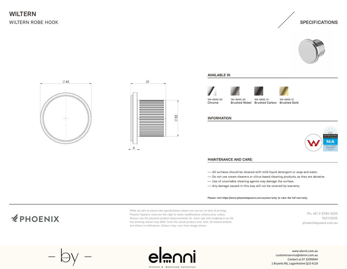 Wiltern Robe Hook - Elenni specification drawing