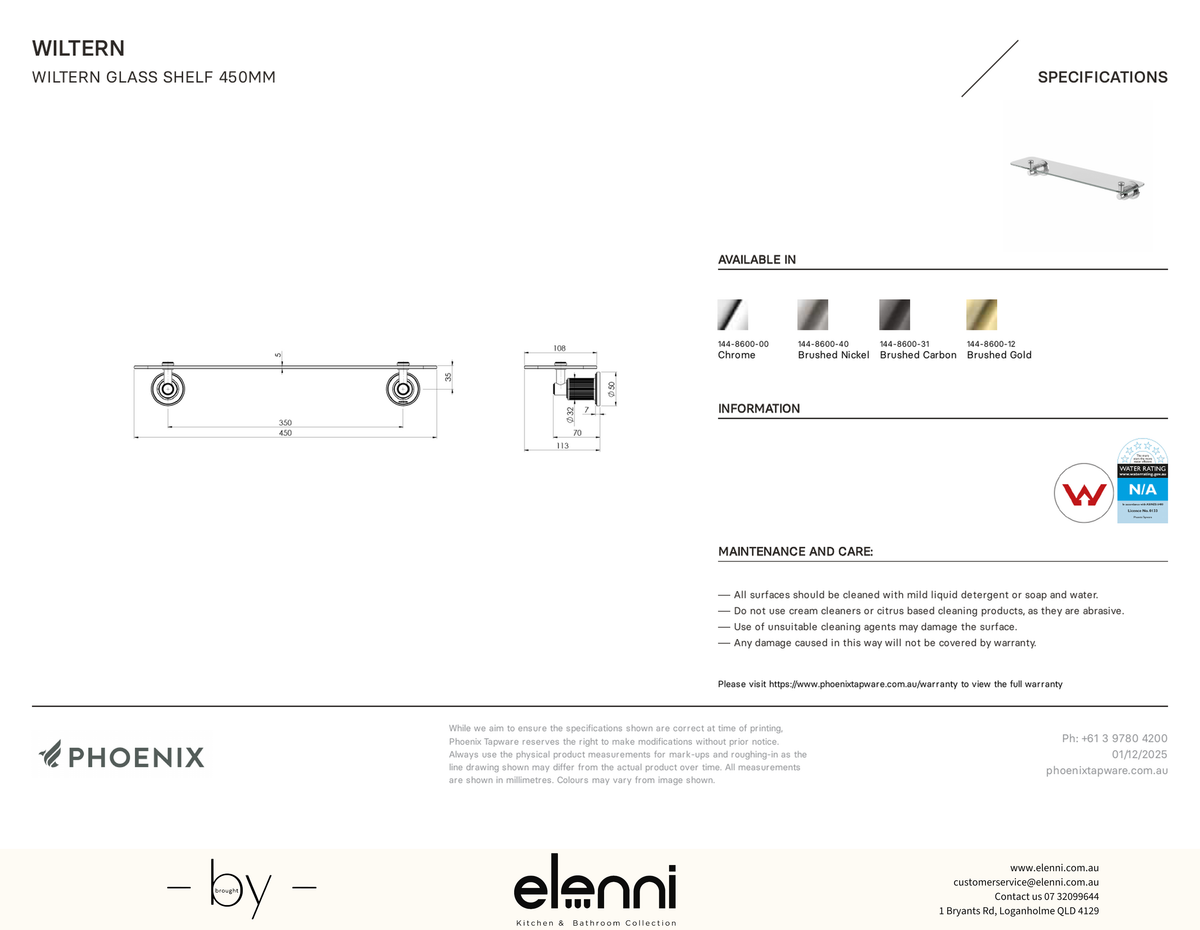 Wiltern Glass Shelf 450mm - Elenni specification drawing